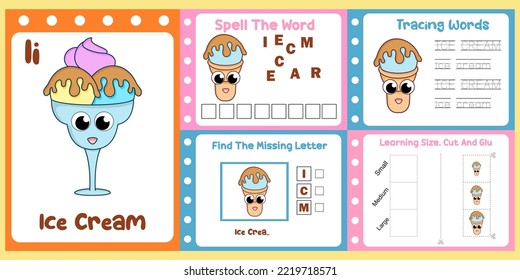 worksheets pack for kids with ice cream vector. children's study book