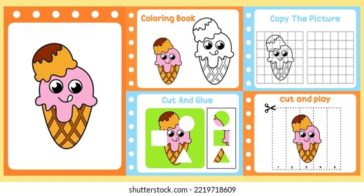 worksheets pack for kids with ice cream vector. children's study book