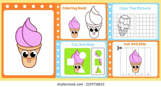 worksheets pack for kids with ice cream vector. children's study book