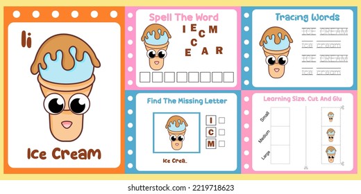 worksheets pack for kids with ice cream vector. children's study book