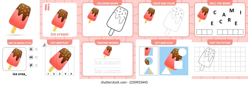 worksheets pack for kids with ice cream vector