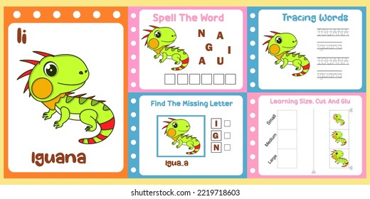 worksheets pack for kids with iguana vector. children's study book