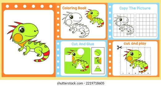 worksheets pack for kids with iguana vector. children's study book
