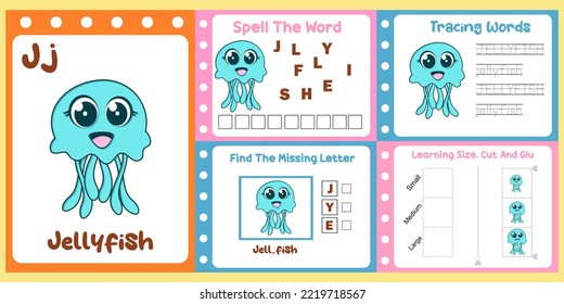 worksheets pack for kids with jellyfish vector. children's study book
