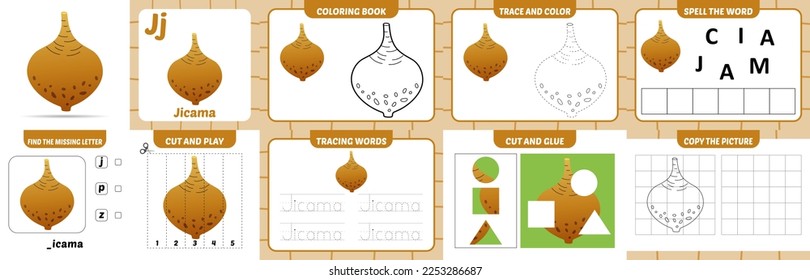 worksheets pack for kids with jicama vector