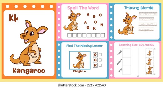 worksheets pack for kids with kangaroo vector. children study book