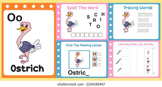 worksheets pack for kids with ostrich. fun learning for children