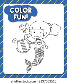 Worksheets template and color fun text   mermaid outline illustration