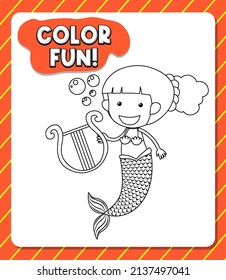 Worksheets template and color fun text   mermaid outline illustration