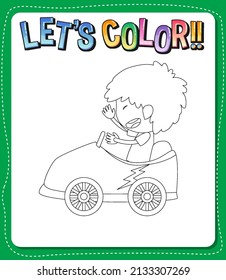Worksheets template with let’s color!! text and boy in a car outline illustration
