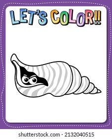 Worksheets template with let’s color!! text and conch outline illustration