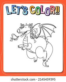 Worksheets template with let’s color!! text and dragon outline illustration