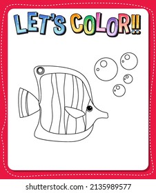 Worksheets template with let’s color!! text and fish outline illustration