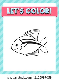 Worksheets template with let’s color!! text and fish outline illustration