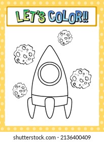 Worksheets template with let’s color!! text and rocket outline illustration