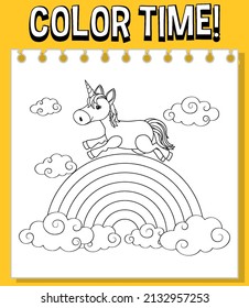Worksheets template with color time! text and rainbow with Unicorn outline illustration