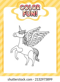 Worksheets template with color time! text and Unicorn outline illustration