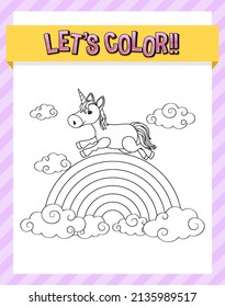 Worksheets template with color time! text and Unicorn outline illustration