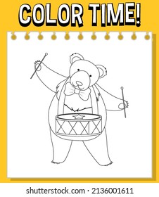 Worksheets template with color time! text bear with drum outline  illustration