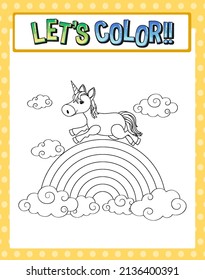 Worksheets template with color time! text and Unicorn outline illustration