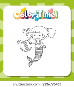 Worksheets template and color time text   Mermaid outline illustration