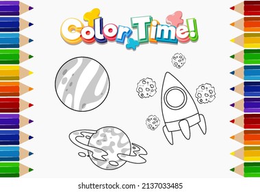 Worksheets template with color time text and UFO outline illustration