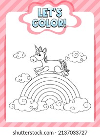 Worksheets template with color time! text and Unicorn outline illustration