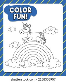 Worksheets template with color time! text and Unicorn outline illustration