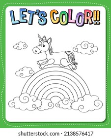 Worksheets template with color time! text and Unicorn outline illustration