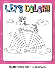 Worksheets template with color time! text and Unicorn outline illustration