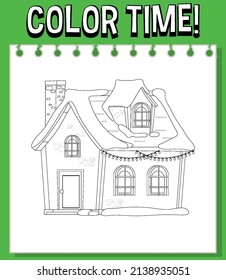 Worksheets template with color time! text  and winter house outline illustration