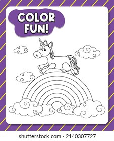 Worksheets template with color time! text and Unicorn outline illustration