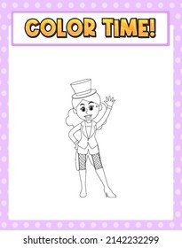 Worksheets template with color time! text magician girl outline illustration