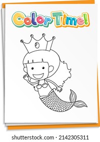 Worksheets template with color time text and mermaid outline illustration