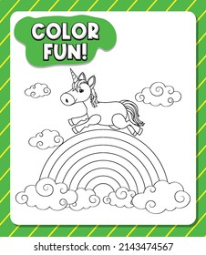 Worksheets template with color time! text and Unicorn outline illustration