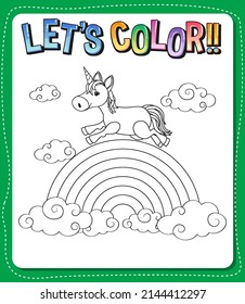 Worksheets template with color time! text and Unicorn outline illustration