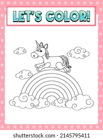 Worksheets template with color time! text and Unicorn outline illustration