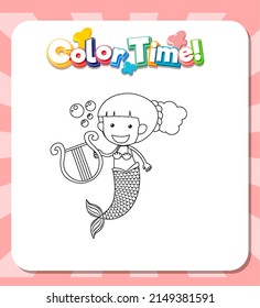 Plantilla de hojas de cálculo con texto de tiempo de color e ilustración de esquema de Sirenita
