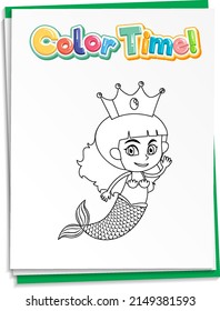 Worksheets template and color time text   mermaid outline illustration