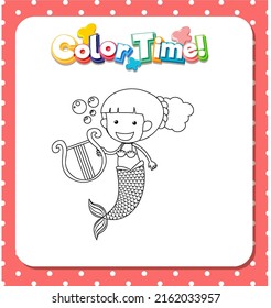 Worksheets template and color time text   Mermaid outline illustration