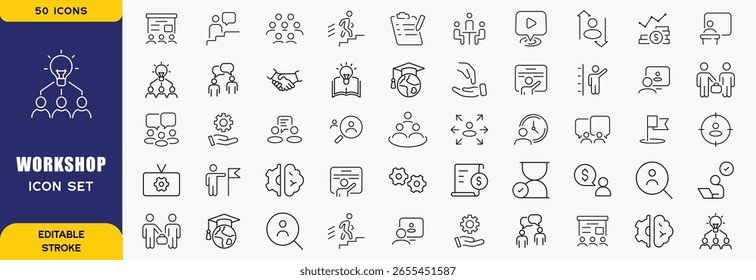 Conjunto de iconos Workshop 50. Motivación, conocimiento, inteligencia, práctica, construcción, colaboración, trabajo en equipo, coaching, resolución de problemas, iconos de la educación. Ilustración vectorial