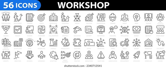 Juego de iconos del taller 56. Motivación, conocimiento, inteligencia, práctica, construcción, colaboración, trabajo en equipo, entrenamiento, resolución de problemas, íconos educativos. Ilustración del vector