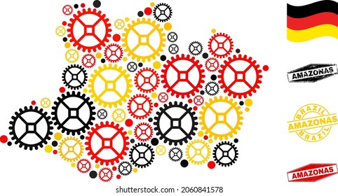 Workshop Amazonas State map collage and seals. Vector collage is composed with cog elements in different sizes, and Germany flag official colors - red, yellow, black.