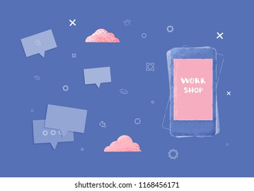 Workshop announcement composition. Template with handwritten lettering and grain style decoration. Vector illustration. 