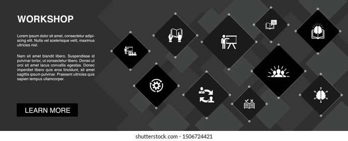 workshop banner 10 icons concept.motivation, knowledge, intelligence, practice icons