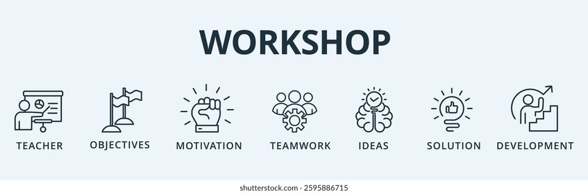 Workshop  banner icon teacher, objectives, motivation, teamwork, ideas, solution and development vector illustration concept