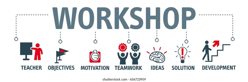 Workshop. Banner with keywords and icons