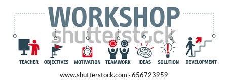 Workshop. Banner with keywords and icons