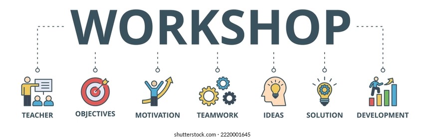Workshop banner web icon vector illustration concept with icon of teacher, objectives, motivation, teamwork, ideas, solution, and development