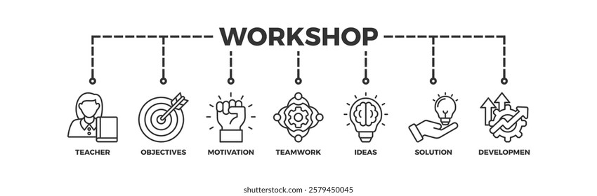 Workshop banner web icon vector illustration concept with icon of teacher, objectives, motivation, teamwork, ideas, solution, and development